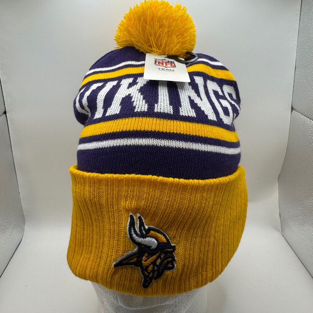 NFL Team Apparel OSFA Beanie Unisex Purple Gold Minnesota Vikings Knit Pom Hat